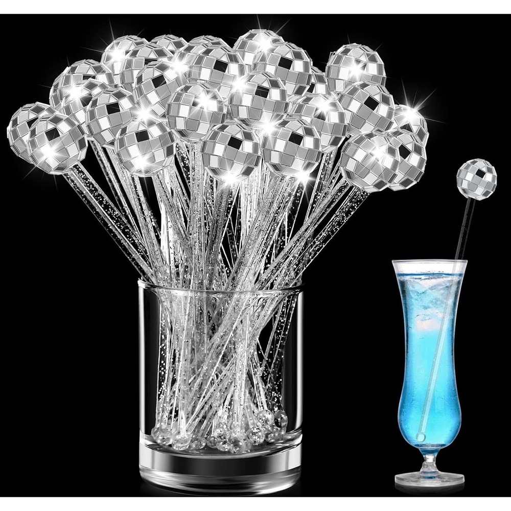 NWT 120 Pcs Disco Ball Drink Stirrers 7.7in Silver Glitter Mirror Swizzle Sticks